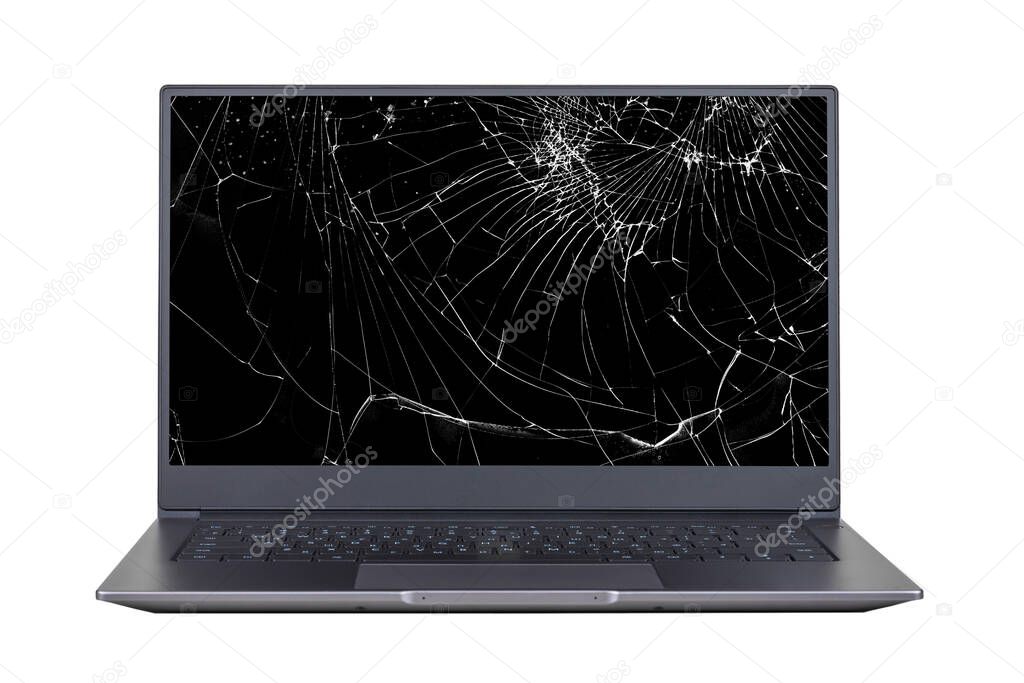 laptop with a broken, cracked screen isolated on white background close up front view