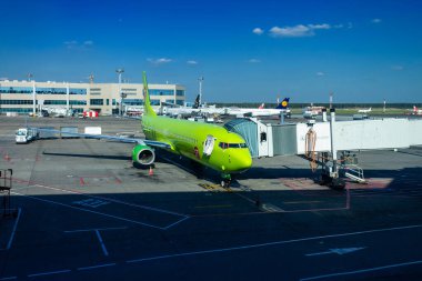 Moskova, Rusya - 10 Ağustos 2019: yeşil havayolu uçağı Domodedovo havaalanında S7