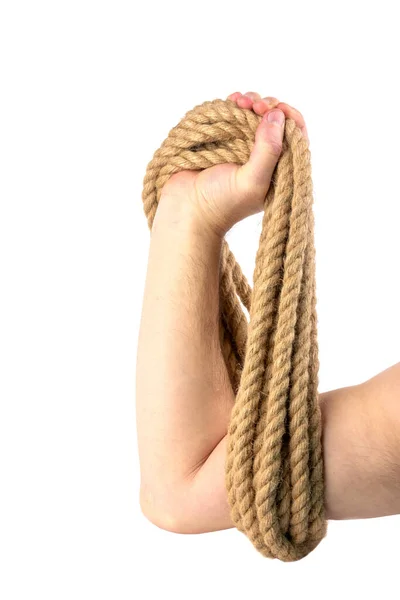 Männliche Hand Mit Einem Strang Seil Isoliert Auf Weißem Hintergrund — Stockfoto
