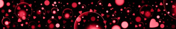 バレンタインの日旗抽象的な休日の背景と黒の背景パノラマビューに赤とピンクの心と円 — ストック写真