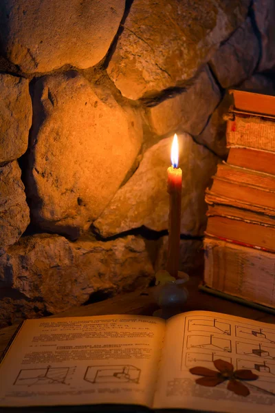 Burning candle and old books — Stock Photo, Image