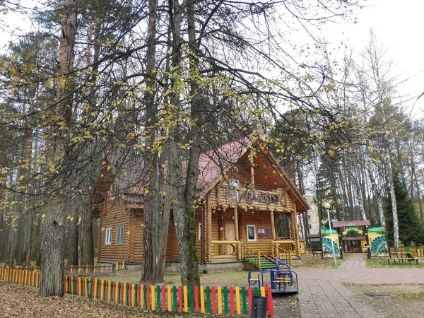 Casa de madeira na floresta. casa de campo de logs — Fotografia de Stock