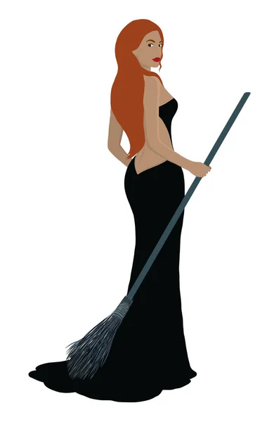 Una hermosa bruja con una escoba. una joven con el pelo rojo en un vestido de noche. Halloween vector ilustración — Archivo Imágenes Vectoriales