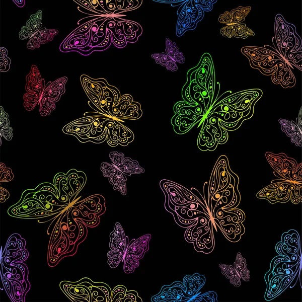 검은 배경에 다양 한 색깔의 나비들 이 무미건조 한 무늬를 이루고 있다. 벡터 일러스트 — 스톡 벡터
