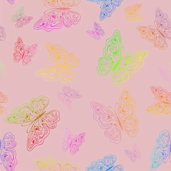 Modèle sans couture avec papillons multicolores arc-en-ciel sur le fond rose. Illustration vectorielle — Image vectorielle
