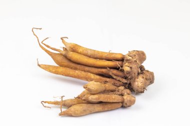 Beyaz arka planda taze Kaempferia ve vücuttaki hormonların dengelenmesine yardımcı olur..