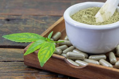 Andrographis panikleme kapsülleri, panikleme tozu ve yapraklar tahta tabakta ve ahşap arka planda.