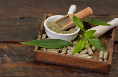 Andrographis Paniculata özü beyaz bardakta toz ve ahşap arka planda panikleme bitki kapsülleri..