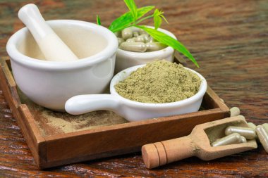 Andrographis tozunu beyaz bardaklarda ve Andrographis Paniculata bitkisel kapsüllerinde (Andrographis Paniculata) beyaz fincanda ve tahta kaşıkta, ahşap arka planda