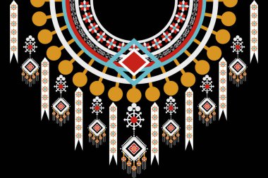 Yerli geometrik geleneksel etnik model. Kolye çiçek mücevherleri. Boyunluk nakışı, kadın modası için tasma tasarımları, kıyafetler ve mücevherler.