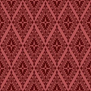 Soyut vektör illüstrasyonunda sıcak kahverengi tonlarda dikişsiz geometrik kabile desenleri gösterilir. Tasarım, geleneksel etnik sanattan esinlenen simetrik elmas şekilleri ve açısal motiflere sahiptir. Kalın çizgiler düzenini tekrarlıyor çarpıcı ve uyumlu bir app oluştur