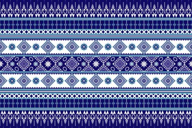 Yerli Soyut Geometrik Etnik desen kusursuz. Mavi ve beyaz Aztek, Kızılderili kabilesi ve Afrika tekstili. Arkaplan soyut folklor süslemesi işlemeli arka plan. Vektör illüstrasyonu