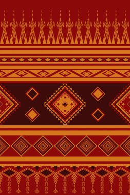 Klasik Yerli Güneybatı Geometrik Soyut Etnik Desen kusursuz. Aztek Amerikan Meksika Navajo kabilesi dokusu. Boho Hint tekstil süsü kırmızı, sarı pürüzsüz kumaş tasarımı, basım halısı modası