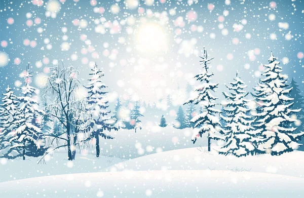Zimní Scéna Padajícím Sněhem Zasněžené Stromy Pozadí Lesa Chladných Zmrzlých — Stockový vektor