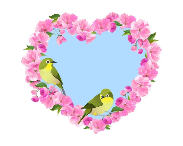 Walentynki Różowymi Kwiatami Kształcie Serca Parą Japońskich Słowików Ilustracja Wektora — Wektor stockowy