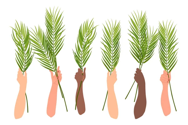 Obchody Niedzieli Palmowej Tradycji Chrześcijańskiej Ręce Podnosi Się Gałązkami Palmowymi — Wektor stockowy