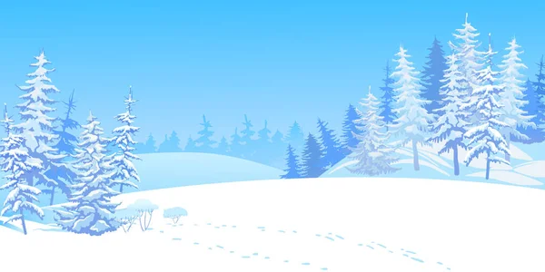 冬天的场景 下着雪 森林的背景上覆盖着白雪的树 雪堆在冰冷冰冻的冷杉树上闪闪发光 圣诞节降雪 矢量说明 — 图库矢量图片