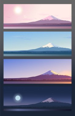 Gündüz döngüsü gösteren dört pankart. Doğa sahnesi başka bir zamanda - sabah, öğlen, akşam ve gece. Fuji Dağı 'nın panoramik akşam manzarası. Japonya 'da bir dağ zirvesi olan manzara. Vektör İllüstrasyonu