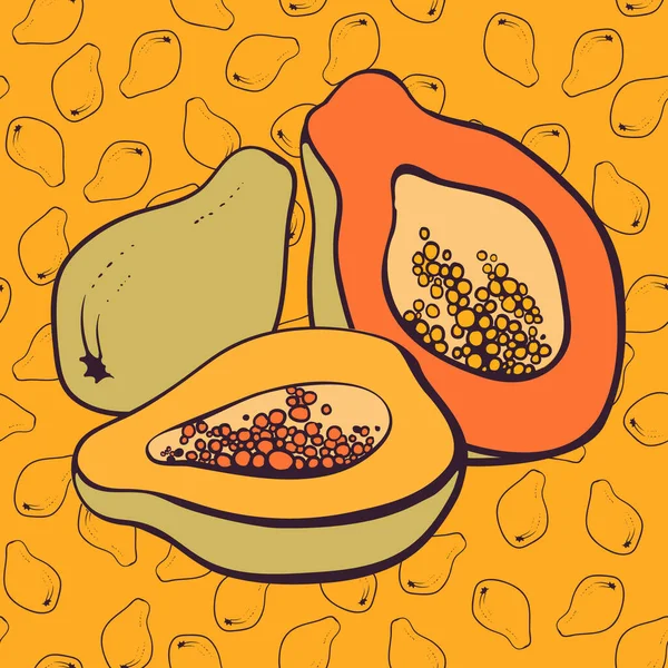 Ilustração Vetorial Mamão Fruta Meia Ilustração Desenhada Mão — Vetor de Stock