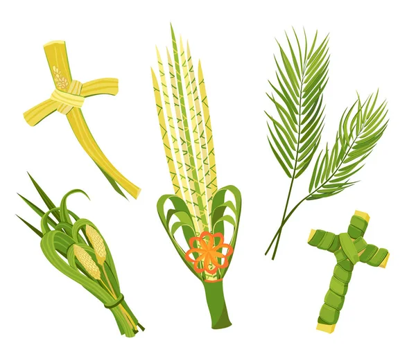 Palm Sunday Kutlamasının Özellikleri Bunlar Bayramın Sembolleri Bir Palmiye Dalı — Stok Vektör