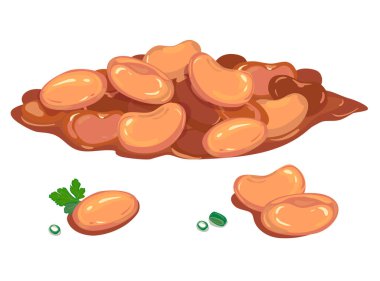 Beyaz arka planda izole edilmiş, domates soslu konserve fasulye. Bir yemek malzemesinin ayrıntılı vektör çizimi.
