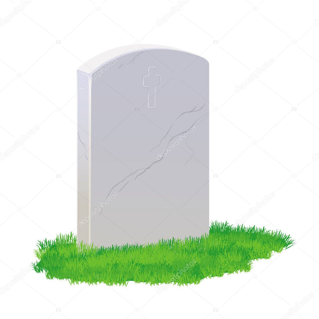 A gravestone made of gray marble and a green lawn on a white background. Vector illustration of a cemetery.