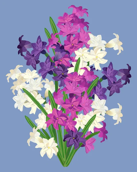 Bílé Růžové Fialové Hyacinty Vektorová Kytice Pro Návrh Pohlednic Pozvánek — Stockový vektor