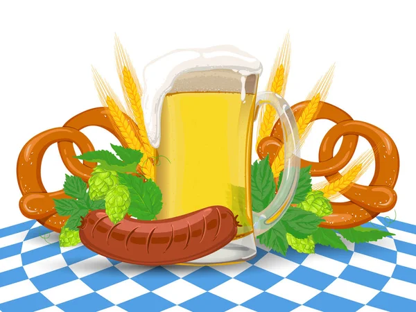 Traditional Symbols German Festival Oktoberfest Glass Light Beer Sausage Hops — Stock Vector