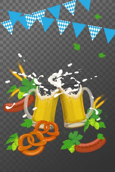 Advertising Traditional Oktoberfest Beer Festival Glass Beer Pretzels Hops Sausages — Stock Vector