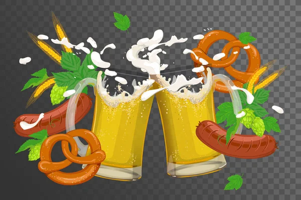 Dynamic Composition Splashing Beer Hops Barley Ears Sausages Traditional German — Stock Vector