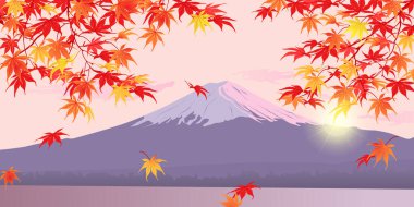 Fuji Dağı 'nın arka planında sonbahar dalları. Sonbaharın ortası yaprakların döküldüğü zamandır. Japon akçaağaçlarının kırmızı yaprakları rüzgarda dalgalanıyor. Vektör illüstrasyonu.