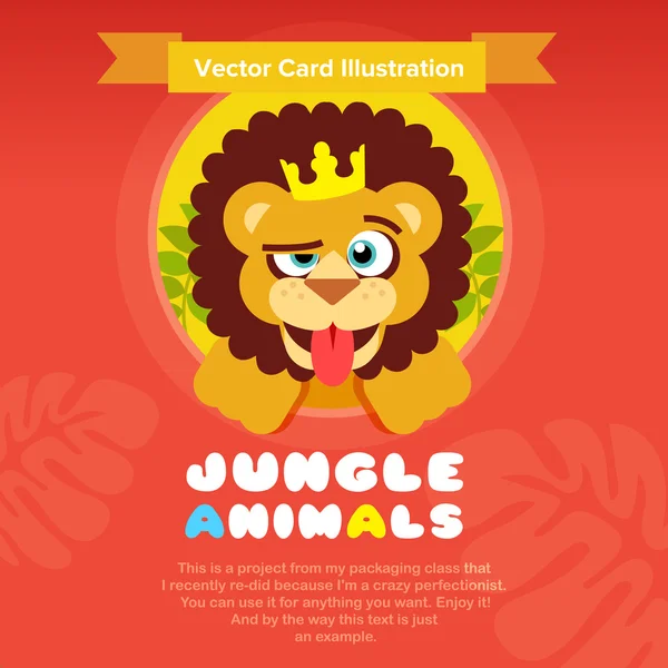 Plantilla de tarjeta de ilustración vectorial de dibujos animados León de animales de la selva — Vector de stock