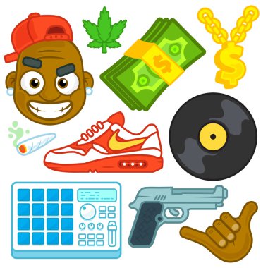 Para ve uyuşturucu simgesi olan kentsel kötü çocuk Dj Gangsta getto Hip Hop rapçi Beat maker vektör çizim üzerine beyaz ayarla.