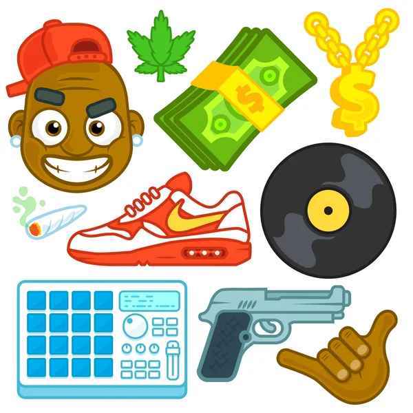 Stedelijke Bad Boy Dj Gangsta Ghetto Hip Hop Rapper Beat maker met geld en drugs pictogram vectorillustratie ingesteld op wit — Stockvector