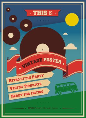 Vintage müzik Retro hippi kokteyl parti Poster vektör tasarım şablonu