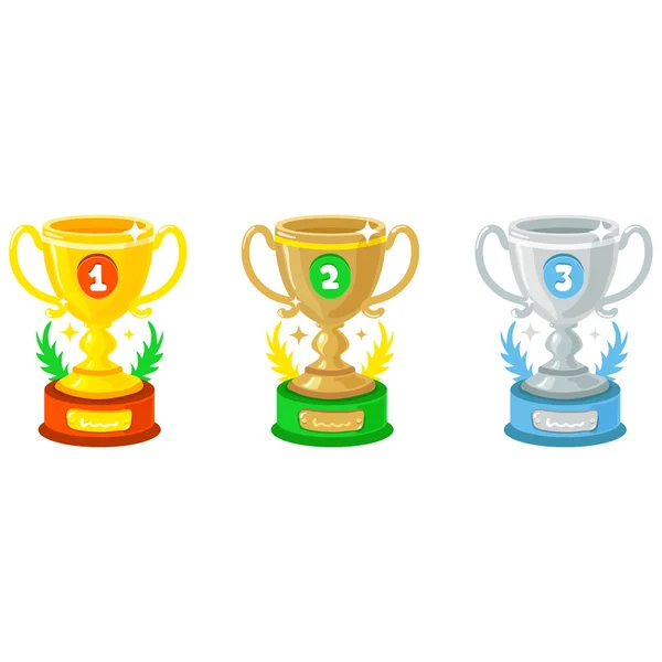 Comic Cartoon Vector Gold, Silver and Bronze Trophy Goblet icons isolated on white background — Stock Vector