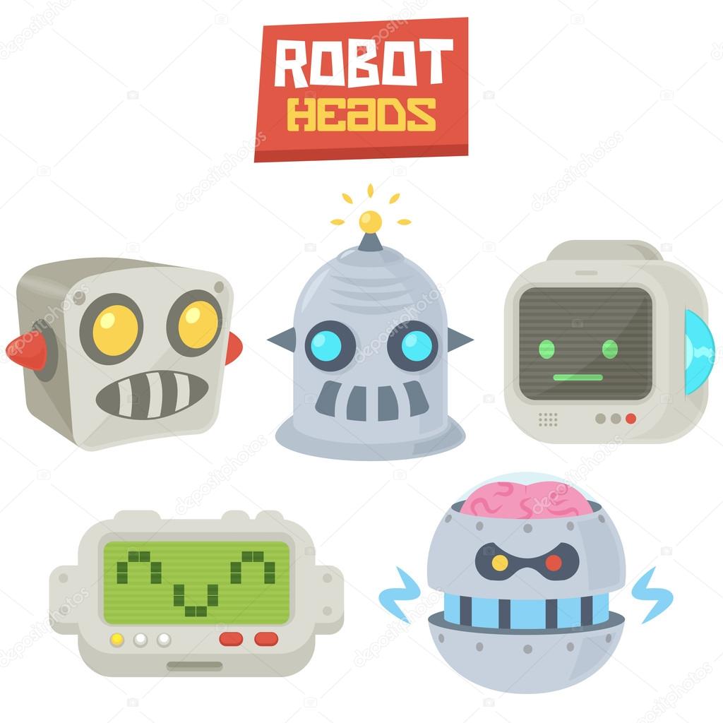 Vintage Comic Retro Vector Illustration Computer Robot Heads logo icons set template isolated on white