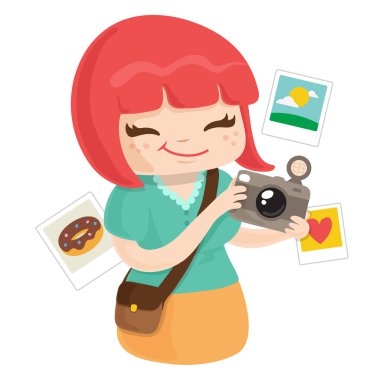 Karikatür çizgi vektör Hipster kız fotoğrafçı kırmızı tüyler ile yapmak Retro Vintage polaroid fotoğraf
