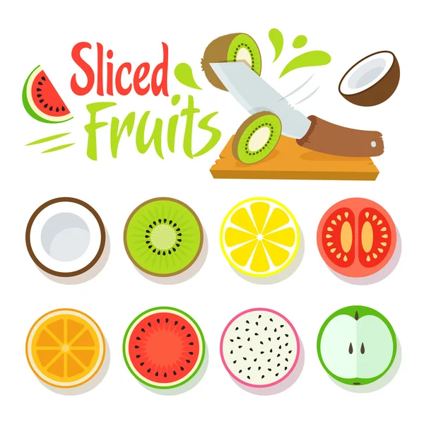 Ícones de frutas fatiadas de vetores planos e mínimos cômicos com modelo de design de logotipo —  Vetores de Stock