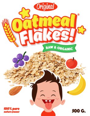 İle meyve vektör kutusunu Tasarım şablon çocuk mutlu çocuk çizgi film çizgi roman tarzında kahvaltı yulaf ezmesi tam tahıl buğday Flakes