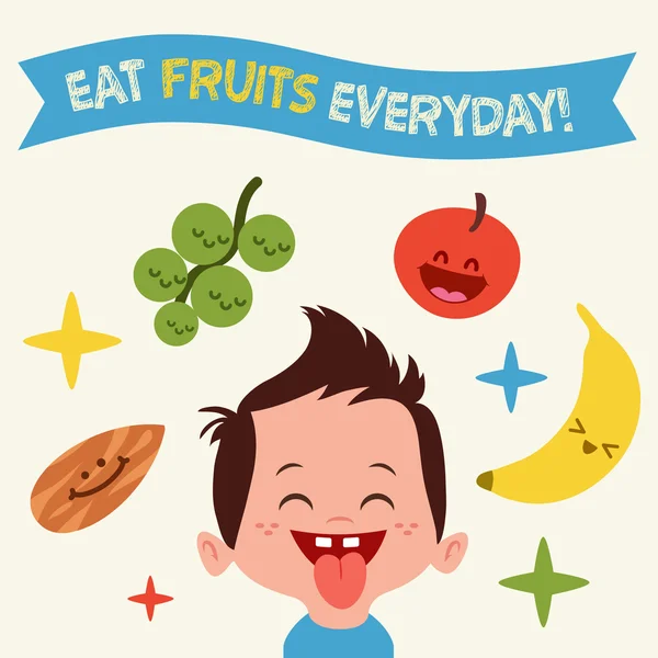 Happy Kid le encanta comer frutas deliciosas Vintage Vector tarjeta de ilustración — Vector de stock