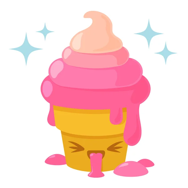 Cute Funny Happy Yummy Pink Melting Ice-Cream icon clip art vector illustration on white — Stock Vector