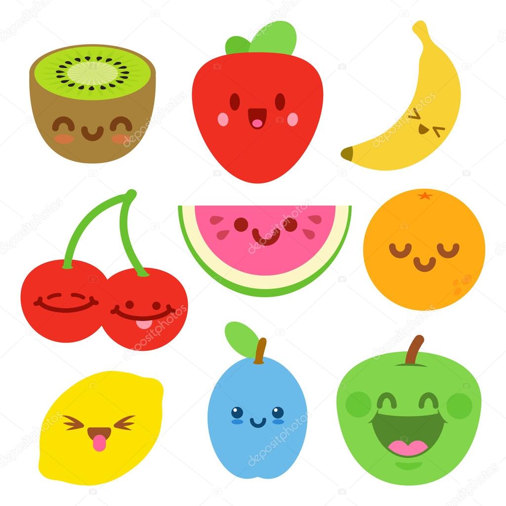 Funny Flat Cartoon Happy Yummy Fruits icons clip art vector illustration on white