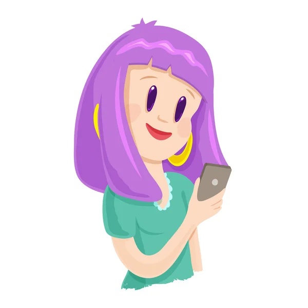 Fioletowe włosy dziewczyny z telefonu komórkowego w jej ręka wektor ilustracja na białym tle — Wektor stockowy
