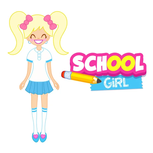 Vector Funny Cartoon Blonde Hair School Girl with Logo design — Stock Vector