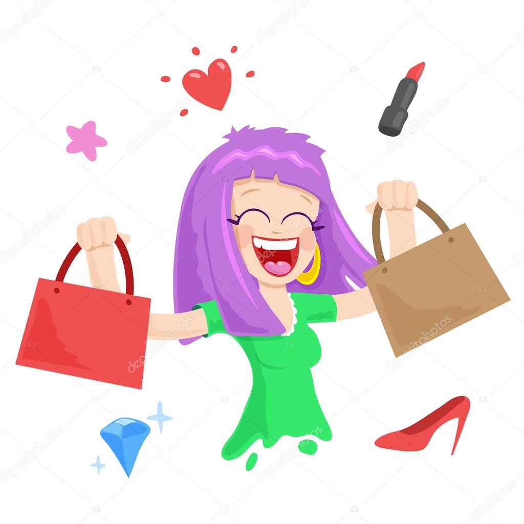 Happy Purple Hair Girl Shopping  with Bags in her Hands Vector Illustration on white background