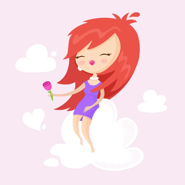 Pyszne Asian Girl z czerwone włosy marzy o miłości z kwiatu róży w jej ręka siedzący na miękkie puszyste chmury ilustracja wektorowa — Wektor stockowy