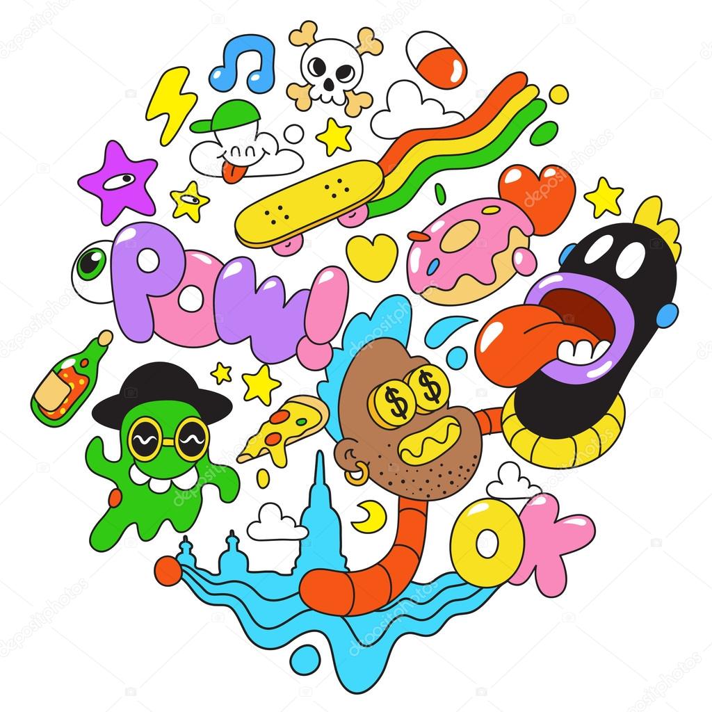 Crazy Freaky Colorful Comic Cartoon Fun Kid Urban Vector collage illustration sticker badges on white background
