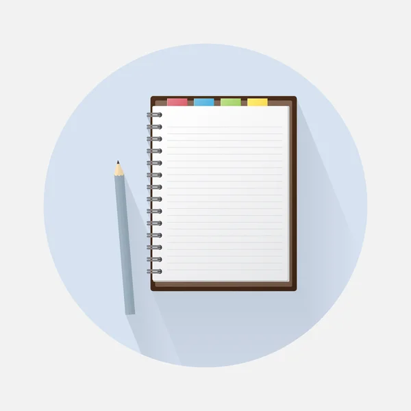 Prázdný zápisník a tužku na kruh pozadí. Linkovaný papír s kroužkových pořadačů. — Stockový vektor