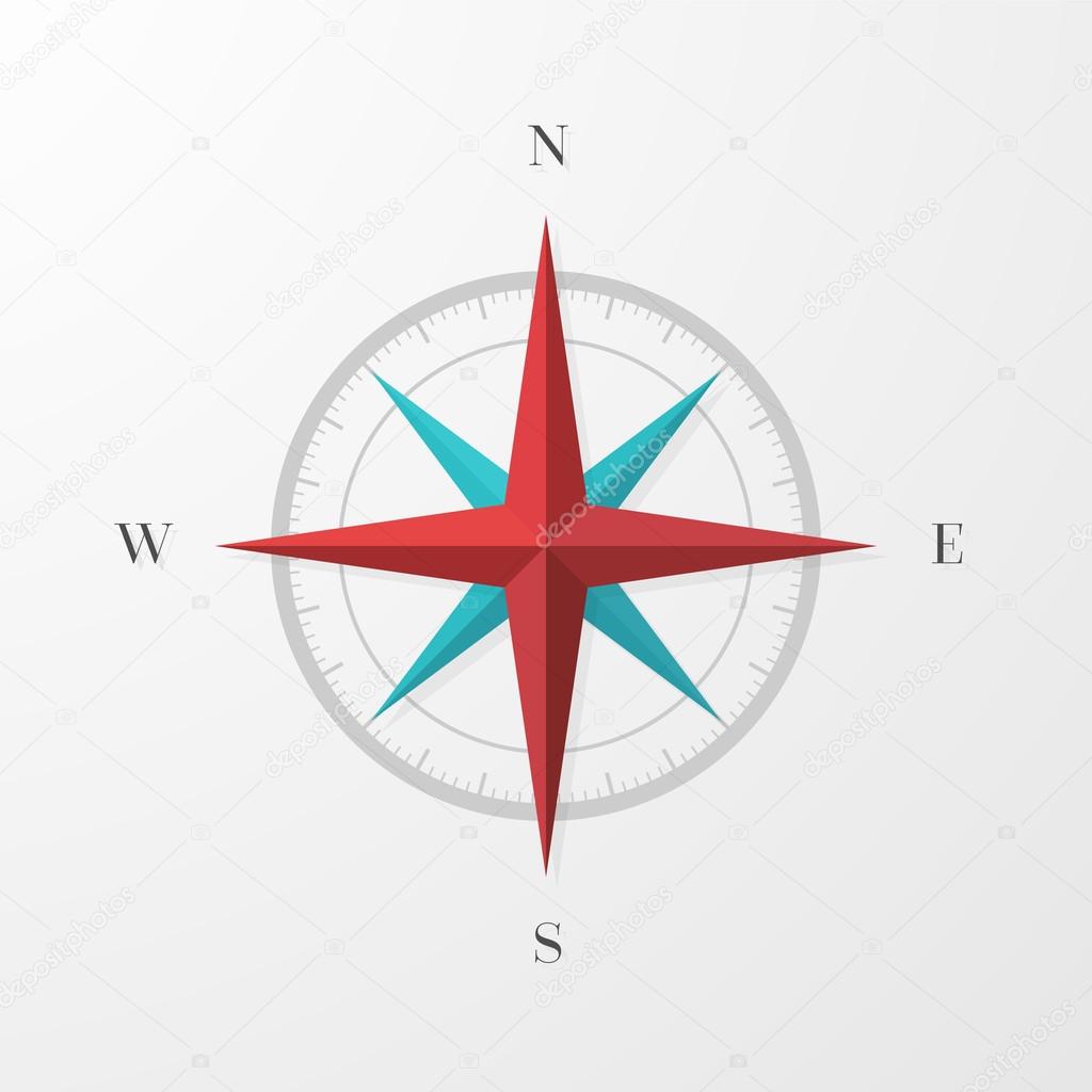 Compass icon with shadow. Navigation sign with red and blue magnetic needle.